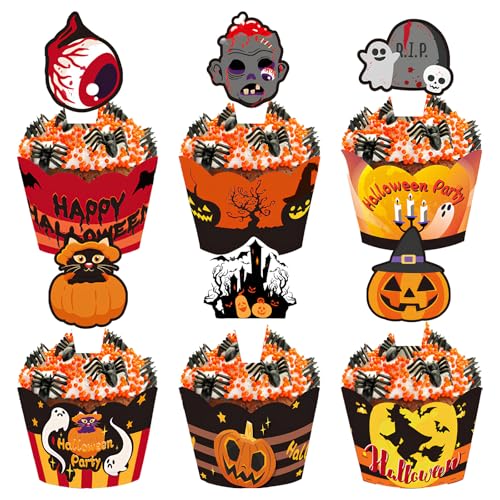 Halloween Cupcake Toppers Wrappers 24 Stück Halloween Cupcake Dekor Halloween Muffins Kuchen Deko Kürbis Ghost Fledermäuse Horror Cupcake Topper Dekor für Halloween Mottopartys Kuchen Muffins Desserts Halloween Cupcake Toppers Wrappers 24 Stück Halloween Cupcake Dekor Halloween Muffins Kuchen Deko Kürbis Ghost Fledermäuse Horror Cupcake Topper Dekor für Halloween Mottopartys Kuchen Muffins Desserts von Cosswe