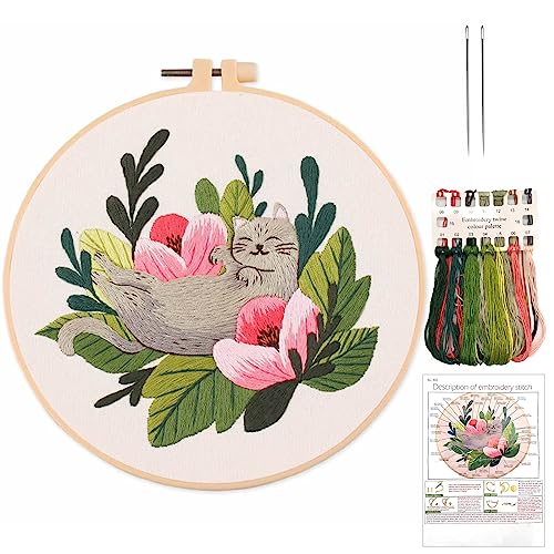 Cosysparks Stickerei Set Anfänger, stickset für anfänger mit Katze und Floral Muster für Anfänger cross stitch kit Handgemachte Nähhandwerk für Erwachsene Stickerei Material Set (Kat1) von Cosysparks