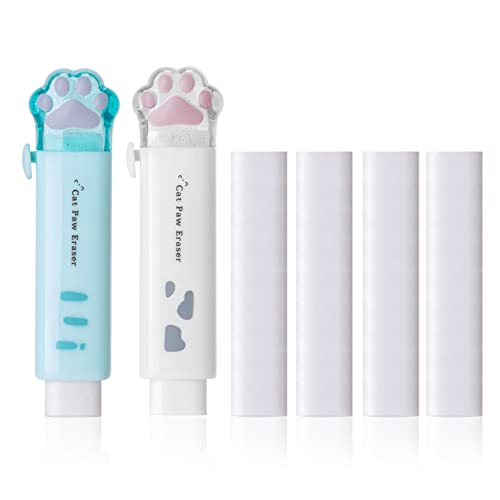 Einziehbare Radiergummis, Cute Einziehbare Schiebe Radiergummi Stift Kinder Cat Paw Shaped Radierer Stift 2 Außenhüllen mit 6 Nachfüll-Radiergummis für Kinder, Studenten (Weiß, Grün) von Cosysparks