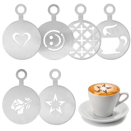 Kaffeeschablonen aus Edelstahl, 6 Pcs Kaffee-Dekorationsschablone cappuccino schablonen kaffee schablonen kaffee Latte Art Schablonen tortenschablone für Kaffee Kuchen Dekorieren (Stil 2) von Cosysparks