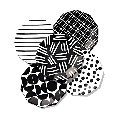 Coterie Schwarze und weiße große Pappteller (10er Set) – für Sommerparty, Geburtstagsparty – schwarz-weiß gestreift, gepunktete Partyteller | 23.5 cm moderne Pappteller | 2 von jedem Design von Coterie