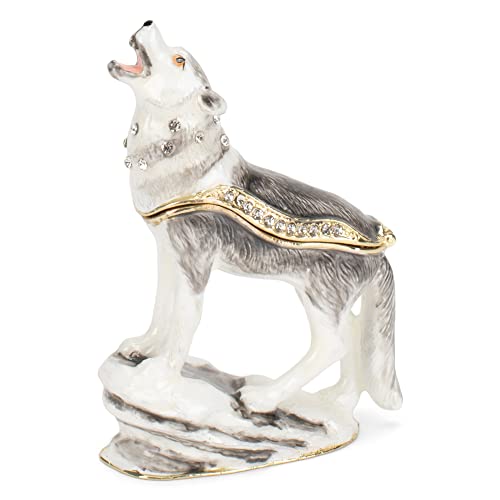 Cottage Garden Handbemalte Metall-Emaille-Schmuckkästchen mit Scharnier, Ornament, Mini-Schmuckring-Organizer, Vintage-Sammelfigur, Andenken-Box mit Schmucksteinen, heulender Wolf auf Felsen von Cottage Garden