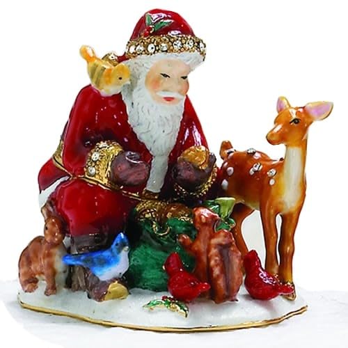 Cottage Garden Handbemaltes Emaille-Schmuckkästchen, dekorativ, Mini-Schmuck-Organizer, Vintage-Sammelfigur, Andenken-Box mit Schmucksteinen, Rot, Weiß, Braun, Weihnachtsmann mit Tieren von Cottage Garden