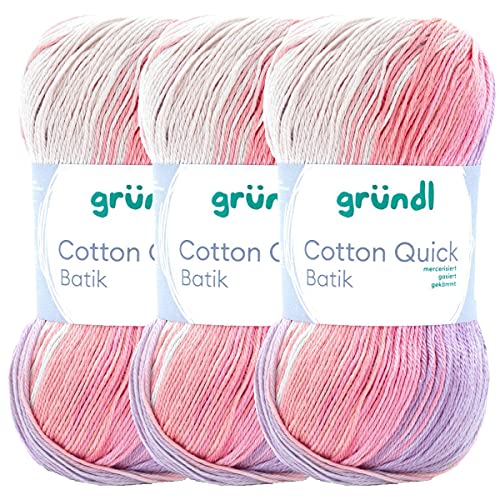 Max Gründl, Cotton Quick Batik Garn, Wolle, 100% Baumwolle (mercerisiert, gasiert) (3 Knäuel, creme-rosa-lila-flieder) von Cotton Quick