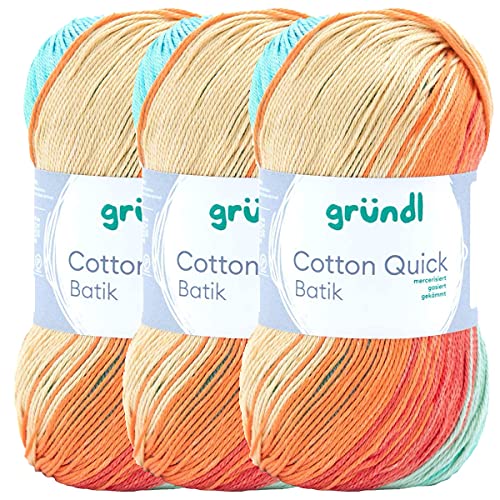 Max Gründl, Cotton Quick Batik Garn, Wolle, 100% Baumwolle (mercerisiert, gasiert) (3 Knäuel, hellblau-grün-mais-orange) von Cotton Quick