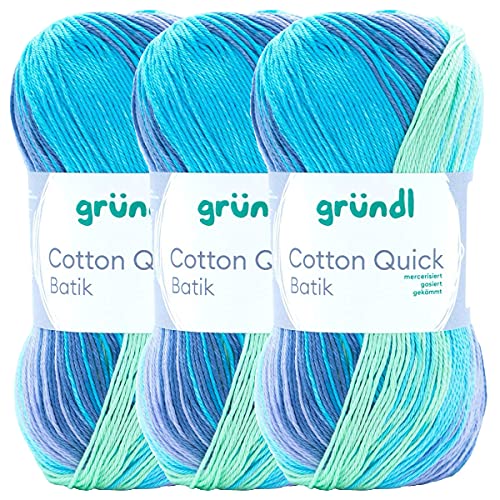Max Gründl, Cotton Quick Batik Garn, Wolle, 100% Baumwolle (mercerisiert, gasiert) (3 Knäuel, hellblau-violett-apfelgrün) von Cotton Quick