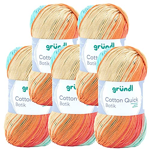 Max Gründl, Cotton Quick Batik Garn, Wolle, 100% Baumwolle (mercerisiert, gasiert) (5 Knäuel, hellblau-grün-mais-orange) von Cotton Quick
