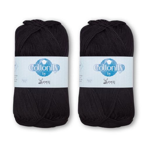 Cottonify Ne 6/4 Packung mit 2 Stück, 100 % gekämmte Baumwolle, merzerisiertes Häkel- und Strickgarn, mittelschwer, gasiertes und merzerisiertes weiches Garn, 100 g pro Knäuel, 2 Stück, Schwarz von Cottonify