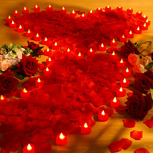 6000 Stück Valentinstag künstliche Rosenblätter mit 72 Stück romantische Herz LED Kerze flammenlose Liebe LED Teelicht Kerze für romantische Nacht Jahrestag Tischdekoration (rotes Licht) von Coume