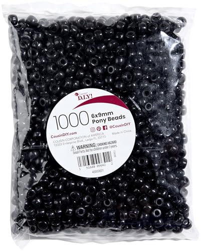 Cousin DIY 40000831 Plastic Mix, 6x9mm in Opaque Black, Beads Pony-Perlenmischung, Kunststoff, 6 x 9 mm, Blickdicht, Schwarz, 1000 Stück von Cousin