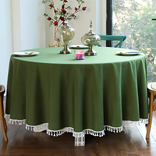 CoutureBridal Dunkelgrün Tischdecke Rund 120 cm Baumwolle Leinen Abwaschbar Uni Quaste Gartentischdecke Couchtisch Tischtuch für den Innen - und Außenbereich von CoutureBridal