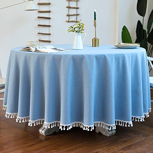 CoutureBridal Tischdecke Rund 120 cm Hellblau Blau Baumwolle Leinen Abwaschbar Uni Quaste Gartentischdecke Couchtisch Tischtuch für den Innen - und Außenbereich von CoutureBridal