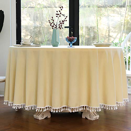 CoutureBridal Tischdecke Rund 140 cm Gelb Cream Baumwolle Leinen Abwaschbar Uni Quaste Gartentischdecke Couchtisch Tischtuch für den Innen - und Außenbereich von CoutureBridal