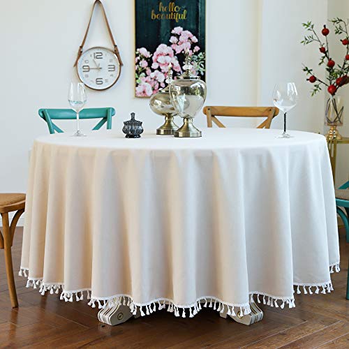 CoutureBridal Tischdecke Rund 140 cm Weiß Elfenbein Baumwolle Leinen Abwaschbar Uni Quaste Gartentischdecke Couchtisch Tischtuch für den Innen - und Außenbereich von CoutureBridal