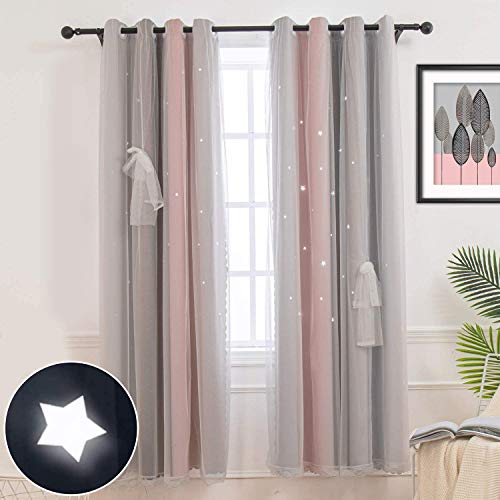 CoutureBridal Vorhang Blickdicht Ösenschal Gardinen und Vorhänge Kinderzimmer Schlafzimmer Grau Rosa Sterne Voile Verdunkelungsvorhänge für Kinder Mädchen,1 Stück (H 240 x B 132 cm) von CoutureBridal