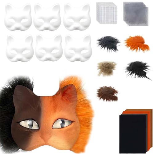 Covermason DIY Set, 6 teilig, Katze, Halloween, mit künstlichem Augennetz und leerem Halbgesicht aus Stoff, zum Basteln für Maskenball, Maskerade Cosplay Kostümzubehör (A, One Size) von Covermason