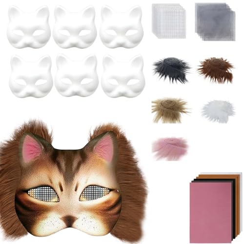 Covermason DIY Set, 6 teilig, Katze, Halloween, mit künstlichem Augennetz und leerem Halbgesicht aus Stoff, zum Basteln für Maskenball, Maskerade Cosplay Kostümzubehör (B, One Size) von Covermason