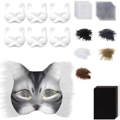 Covermason DIY Set, 6 teilig, Katze, Halloween, mit künstlichem Augennetz und leerem Halbgesicht aus Stoff, zum Basteln für Maskenball, Maskerade Cosplay Kostümzubehör (F, One Size) von Covermason