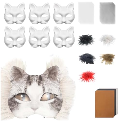 Covermason DIY Set, 6 teilig, Katze, Halloween, mit künstlichem Augennetz und leerem Halbgesicht aus Stoff, zum Basteln für Maskenball, Maskerade Cosplay Kostümzubehör (I, One Size) von Covermason