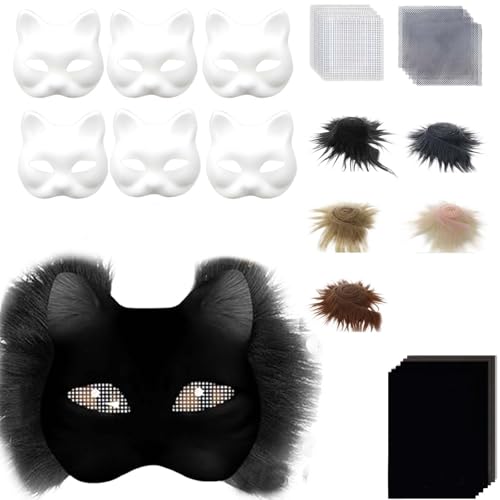 Covermason DIY Set 6 teilig Katze Halloween mit Kunstaugennetz und Stoff, leeres Halbgesicht zum Basteln für Maskenball, Maskerade Cosplay Kreis Anführer (B, One Size) von Covermason