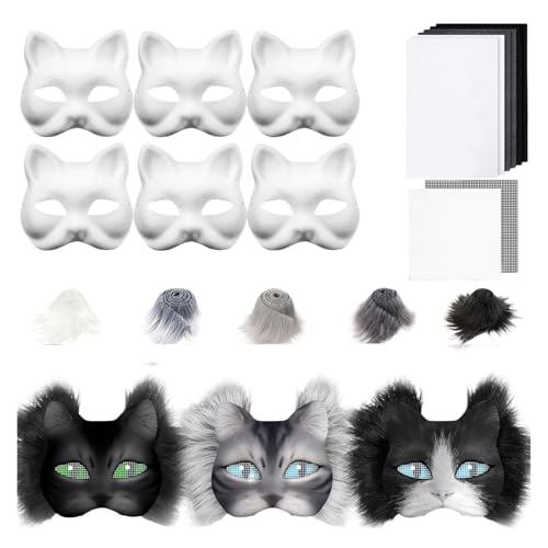 Covermason DIY Set 6 teilig Katze Halloween mit Kunstaugennetz und Stoff, leeres Halbgesicht zum Basteln für Maskenball, Maskerade Cosplay Kreis Anführer (I, One Size) von Covermason