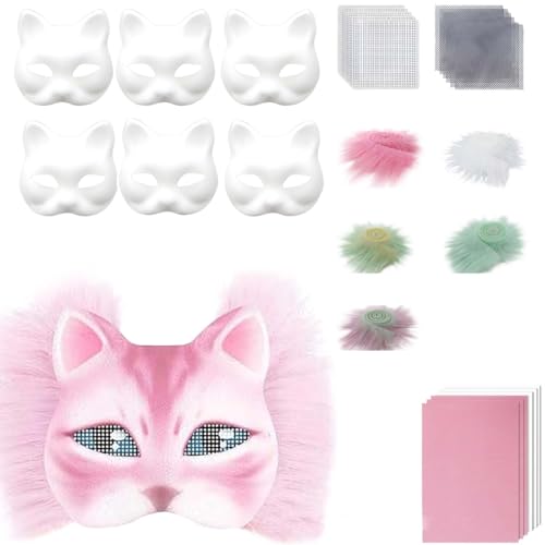 DIY Set 6 teilig Katze Halloween mit Kunstaugennetz und Stoff, leeres Halbgesicht zum Basteln für Maskenball, Maskerade Cosplay Kreis Anführer (C, One Size) von Covermason