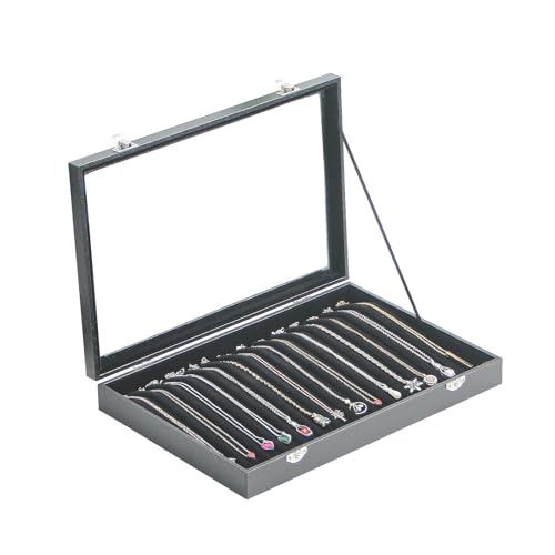 14 Haken Halskette Ablageschale, Samt-Halsketten-Organizer-Box mit transparentem Deckel, Anhänger Kette Halskette Schmuck Organizer Schublade Tablett für Frauen Mädchen (schwarz) von Coward