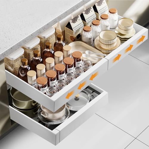 Cozary Teleskopschublade Ausziehbare Schublade Küche, Verstellbare Breite 32-52cm, Ohne Bohren, Kohlenstoffstahl Schubladen Organizer für Küchenschränke, Weiß Cozary Teleskopschublade Ausziehbare Schublade Küche, Verstellbare Breite 32-52cm, Ohne Bohren, Kohlenstoffstahl Schubladen Organizer für Küchenschränke, Weiß von Cozary