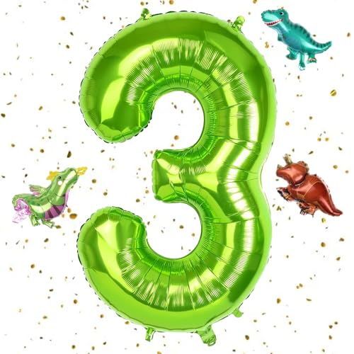 101,6 cm großer grüner Zahlenballon, grüner Ballon mit Zahl 3 und 3 Dinosaurier-Ballons, Dinosaurier-Ballon für Kindergeburtstage, Babypartys, Party-Dekorationen und Tiermottoparty, Dinosaurier-Party von Cozevdnt