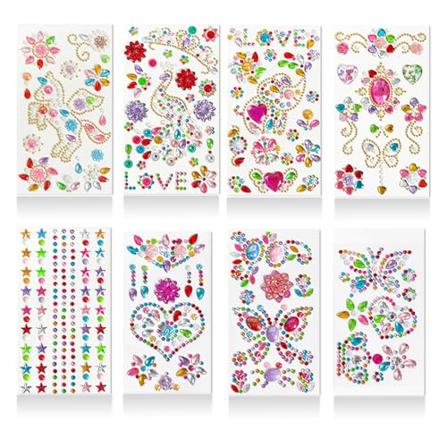 8 Blätter Strasssteine Selbstklebend, Glitzersteine Selbstklebend, Acryl Bunt Sticker Glitzer, Schmucksteine Aufkleber, Juwelen Edelstein Sticker für Kinder, Mädchen Geschenke für DIY (Bunt) von Cozevdnt