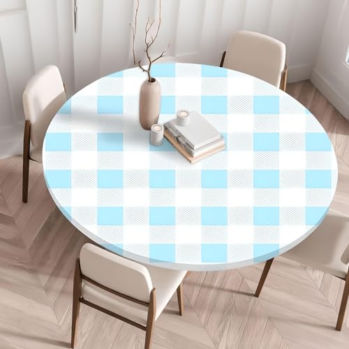 Cozomiz Elastische Tischdecke Gartentischdecke Rundtischdecke wasserdichte rutschfeste Abwischbar Schmutzabweisend Tischdecke Grid Seeblau 60cm Runde Enge Passform von Cozomiz