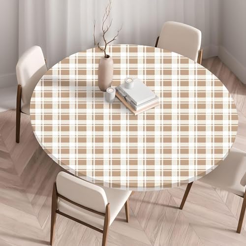Cozomiz Elastische Tischdecke Gartentischdecke Rundtischdecke wasserdichte rutschfeste Abwischbar Schmutzabweisend Tischdecke Kariert Braun 60cm Runde Enge Passform von Cozomiz