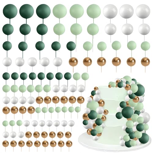 Runde Kugel-Kuchenaufsätze, 108 Stück, Kugel-Kuchenaufsätze, Mini-Ballon-Kuchenaufsätze, DIY-Kucheneinsatz, Dekoration für Hochzeit, Party, Geburtstag, Kuchendekoration (Grün, Weiß, Gold) von Coztie