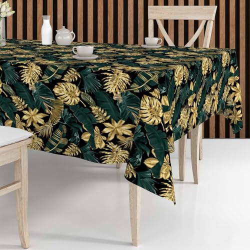 Cozy Home & Living Tischdecke 140x240 cm Rechteckig, Pflegeleicht & fleckenresistent, abwaschbar, Moderne Deko - hochwertiges Finish & Elegante Optik, Motiv: Tropisches Blattmuster Schwarz & Gold von Cozy Home & Living