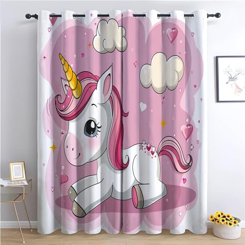 CozyRest 2 Stück Gardinen mit Ösen, 3D-Effekt Druck Cartoon-Einhorn Vorhänge, 214 x 91.5 cm (H x B) Verdunkelungsvorhänge, blickdichte Vorhänge für Fensterdekoration im Schlafzimmer und Wohnzimmer von CozyRest
