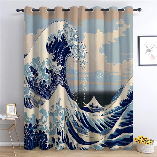 CozyRest Vorhang Blickdicht ösen 2er Set Comic-Surfen Muster Gardine Lichtundurchlässig Fenstervorhang Wohnzimmer Traditionelle japanische Kunst Vorhänge Größe: H 160 x B 70 cm von CozyRest