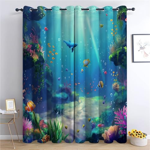 CozyRest Gardinen Kinderzimmer Schlafzimmer H160 x B70cm Thermovorhang Verdunkelungsvorhang Unterwasserlandschaft Jungen Vorhänge Cartoon-Meerestiere Blickdicht Ösenvorhang 2Er Set von CozyRest