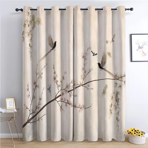 CozyRest Kinder Vorhänge Handgemalter Stil Elster und Blumen Ösen Gardinen mit Blickdichte Thermo Vorhang Kälteschutz Blackout Curtain Kinderzimmer Schlafzimmer Ösenvorhang H 230 x B 117 cm von CozyRest