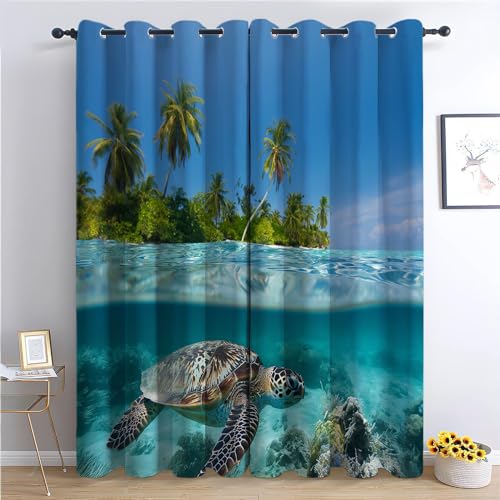 Kinder Vorhänge Schildkröte Ösen Gardinen mit Blickdichte Thermo Vorhang Kälteschutz Blackout Curtain Kinderzimmer Schlafzimmer Ösenvorhang Malediven Palm Tree Coral Reef H 160 x B 70 cm von CozyRest