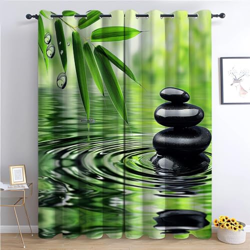 Kinder Vorhänge Schwarzer Stein, grüne Pflanzen Ösen Gardinen mit Blickdichte Thermo Vorhang Kälteschutz Blackout Curtain Kinderzimmer Schlafzimmer Ösenvorhang Ruhige Naturlandschaft H 214 x B 91.5 cm von CozyRest