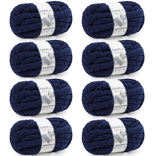 Cozyful Grobes Garn zum Handstricken, #10 grobes Chenille-Garn, Jumbo-Garne zum Häkeln, super sperrige Grobstrick-Deckengarne, 8 Knäuel (227 m pro Strang), Marineblau von Cozyful