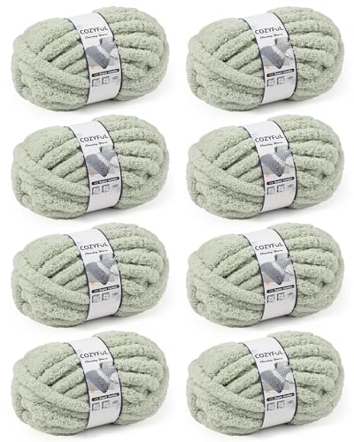 Cozyful Grobes Garn zum Handstricken, #9 dickes Jumbo-Garn zum Häkeln, Super Grobstrick-Deckengarne, große Chenille-Garne, 8 Stück (30 m pro Strang), Salbeigrün von Cozyful