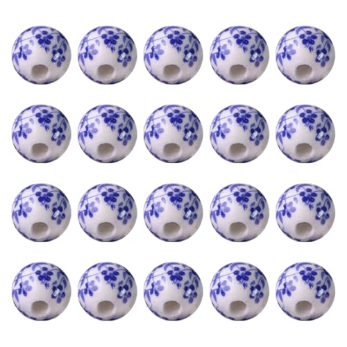 Cozylkx Chinesische Porzellanperlen, 20 Stück, 12 Mm, Runde Keramikperlen Mit Blumendruck, Großpackung Mit Abstandsperlen Für DIY-Perlenarbeiten, Basteln, Schmuckherstellung von Cozylkx