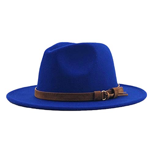 Cozylkx Gürtelschnalle Fedora Hut, Damen Wolle Fedora Hut mit Lederband Breiter Krempe Jazz Caps für den Winter, Blau von Cozylkx