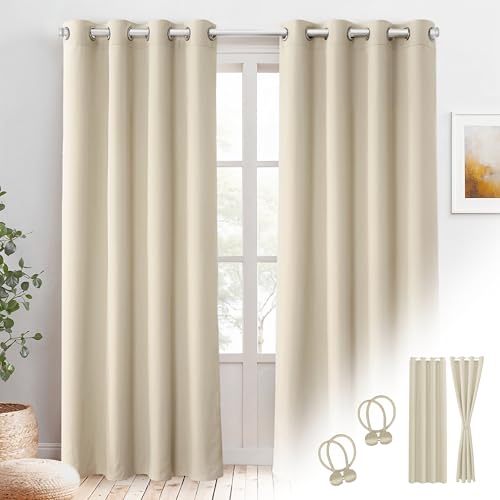 Cozyor 2X blickdichte Vorhänge + 2X Raffhalter mit Magnet, Thermogardine gegen Kälte 100% verdunkelnd, beige Driftwood, Gardine mit Ösen für Schlafzimmer, Wohnzimmer, Kinderzimmer 240x135 cm von Cozyor