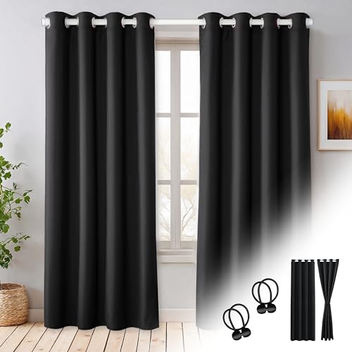 Cozyor 2X blickdichte Vorhänge + 2X Raffhalter mit Magnet, Thermogardine gegen Kälte 100% verdunkelnd, schwarz Eclipse, Gardine mit Ösen für Schlafzimmer, Wohnzimmer, Kinderzimmer 220x135 cm von Cozyor