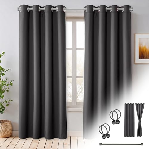 Cozyor Praktisches Set ohne Bohren: 2X Vorhang + 1x Klemmstange Silber 70-120 cm + 2X Raffhalter mit Magnet Blickdicht & verdunkelnd, als Raumteiler, Fenster & Tür Anthrazit Thermovorhang 220x135cm von Cozyor