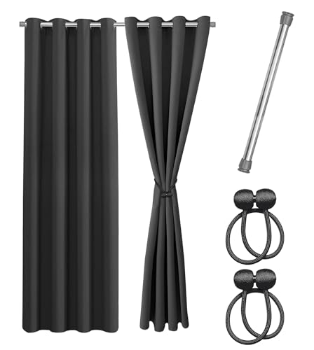 Cozyor Praktisches Set ohne Bohren: 2X Vorhang + 1x Klemmstange Silber 111-200 cm + 2X Raffhalter mit Magnet Blickdicht & verdunkelnd, als Raumteiler, Fenster & Tür Anthrazit Thermovorhang 240x135cm von Cozyor