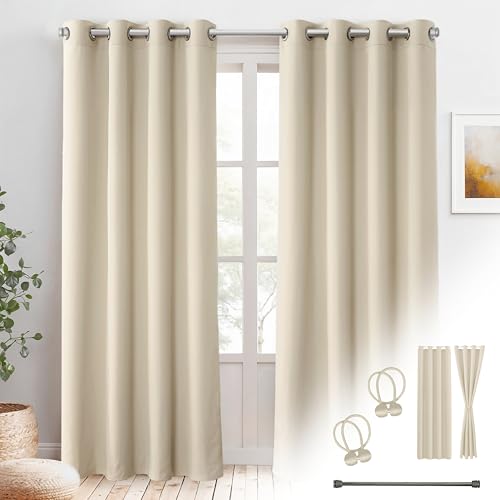 Cozyor Praktisches Set ohne Bohren: 2X Vorhang + 1x Klemmstange Silber 70-120 cm + 2X Raffhalter mit Magnet Blickdicht & verdunkelnd, als Raumteiler, Fenster & Tür Beige Thermovorhang 240x135cm von Cozyor