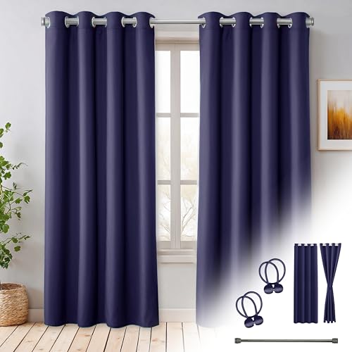 Cozyor Praktisches Set ohne Bohren: 2X Vorhang + 1x Klemmstange Silber 70-120 cm + 2X Raffhalter mit Magnet Blickdicht & verdunkelnd, als Raumteiler, Fenster & Tür Blau Thermovorhang 220x135cm von Cozyor